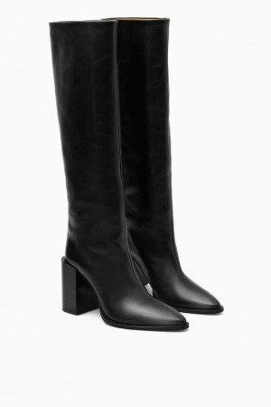 BLACK COS KNEE-HIGH POINTED LEATHER BOOTS | DAF-792031