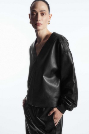 BLACK COS OVERSIZED V-NECK LEATHER TOP | ZOW-179634