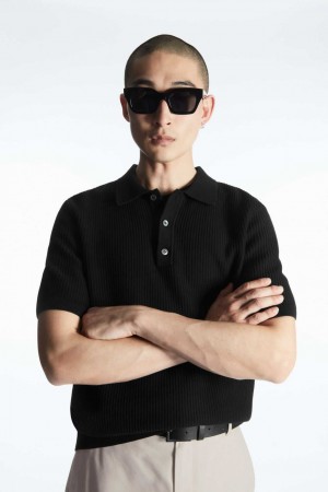 BLACK COS TEXTURED KNITTED POLO SHIRT | KBW-365147