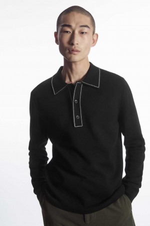 BLACK / WHITE COS CONTRAST-STITCH WOOL POLO SHIRT | PKR-014926