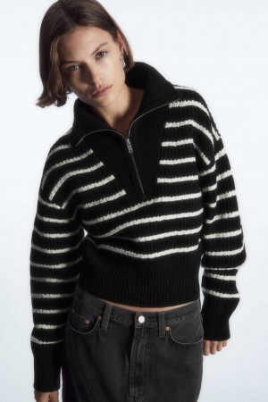 BLACK / WHITE / STRIPED COS HALF-ZIP FUNNEL-NECK WOOL SWEATER | GNZ-906175