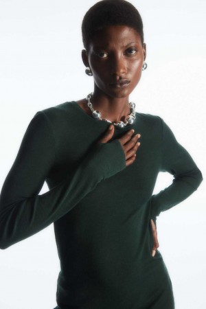 DARK GREEN COS CREW-NECK MERINO WOOL TOP | PAE-628107