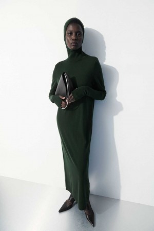 DARK GREEN COS THE HOODED WOOL DRESS | GZJ-015648