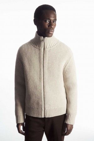 LIGHT BEIGE COS FUNNEL-NECK KNITTED WOOL JACKET | VKB-542301