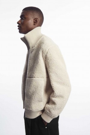 LIGHT BEIGE COS FUNNEL-NECK TEDDY JACKET | BRX-824051