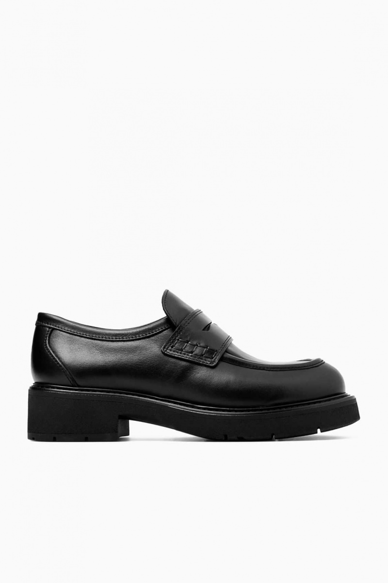 BLACK COS CHUNKY LEATHER PENNY LOAFERS | JPT-564731