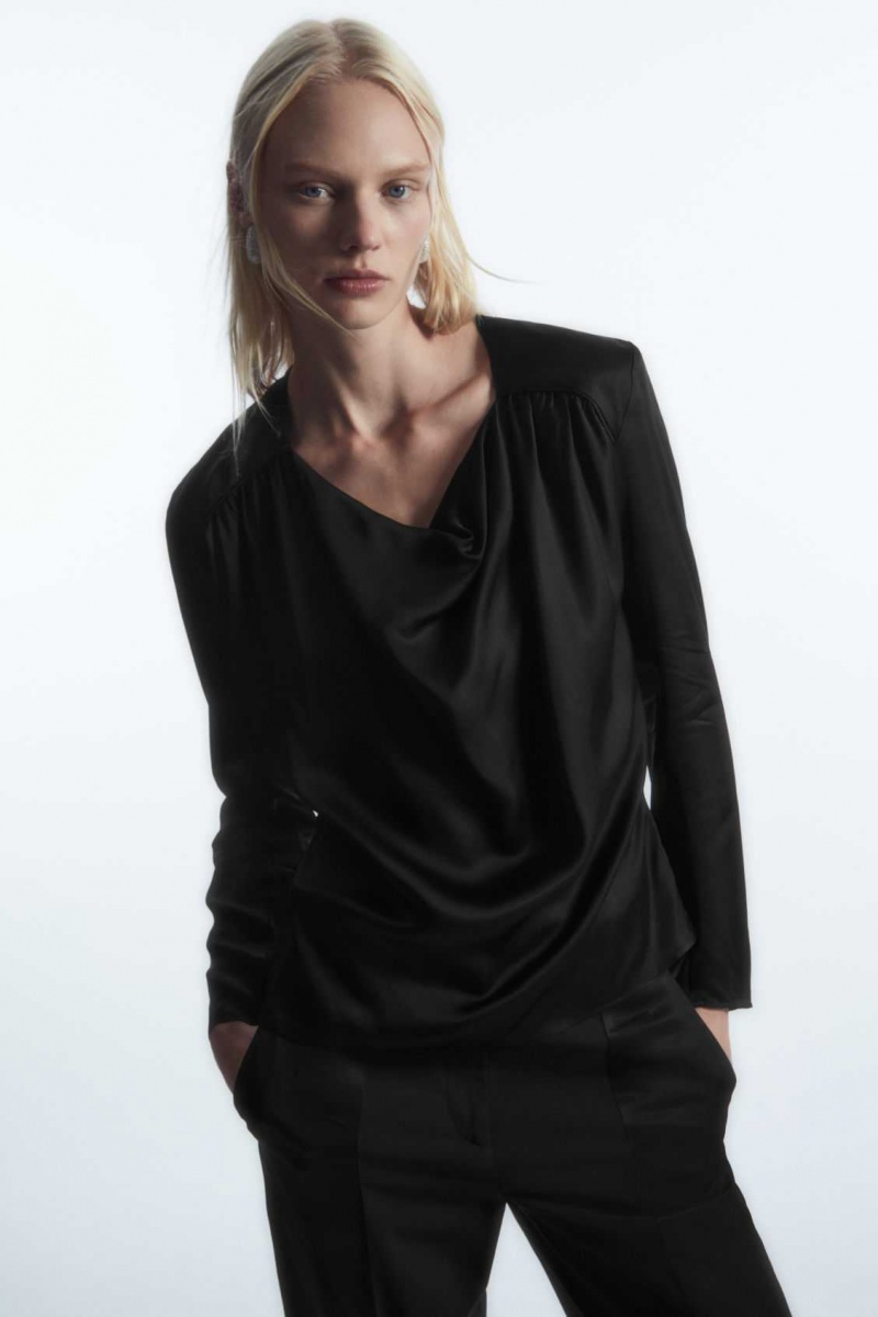 BLACK COS DRAPED COWL-NECK SATIN TOP | DMS-078514