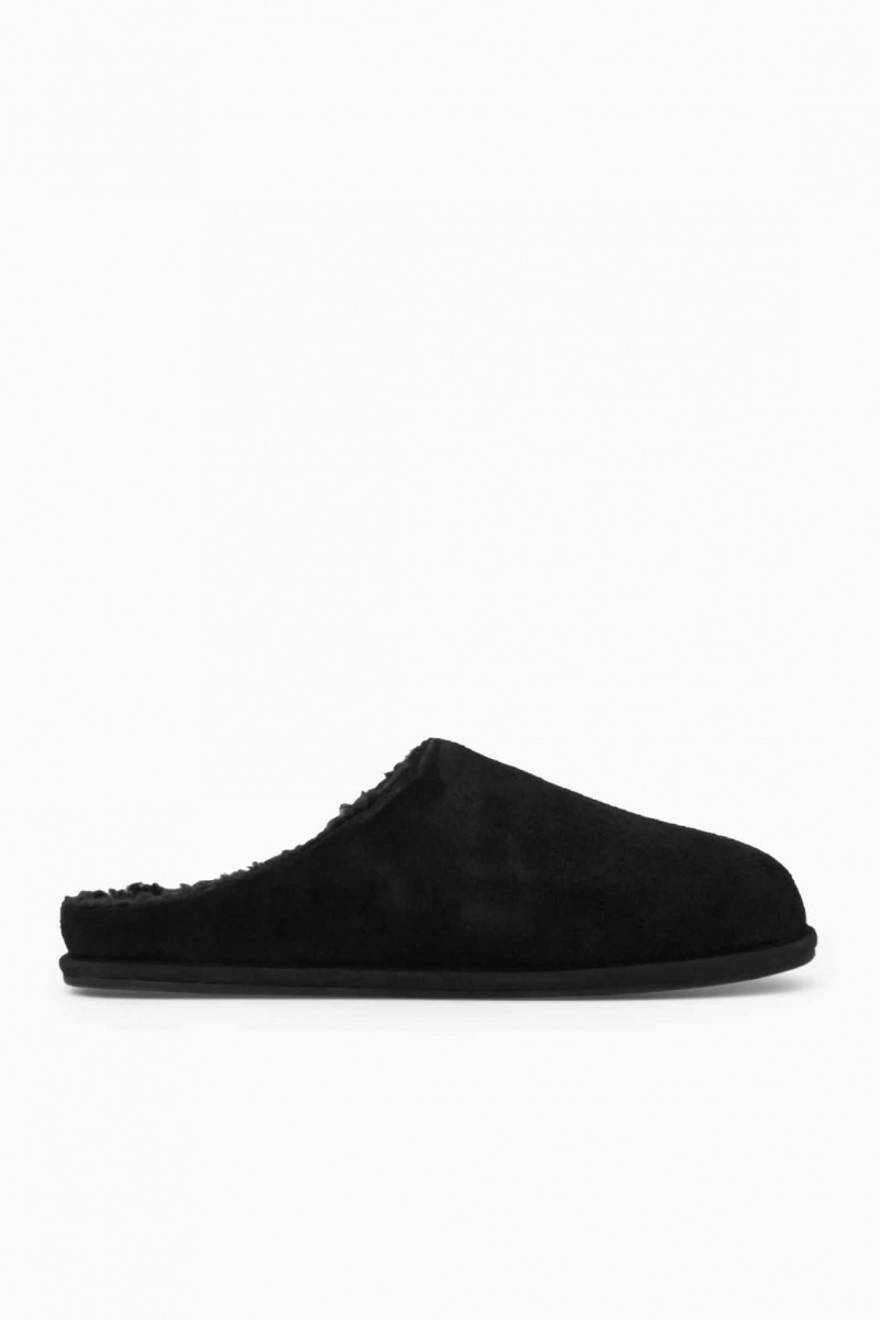 BLACK COS FLEECE-LINED SUEDE SLIPPERS | UBT-279815