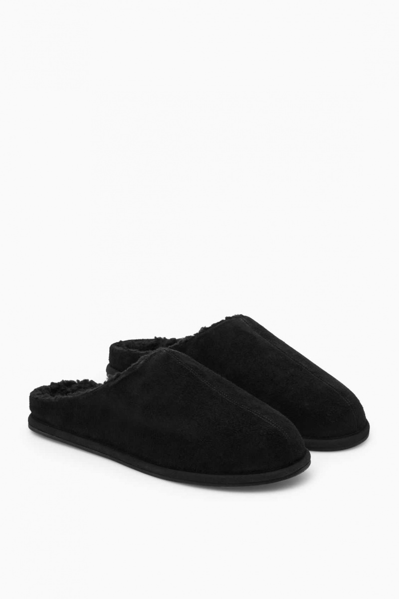 BLACK COS FLEECE-LINED SUEDE SLIPPERS | UBT-279815