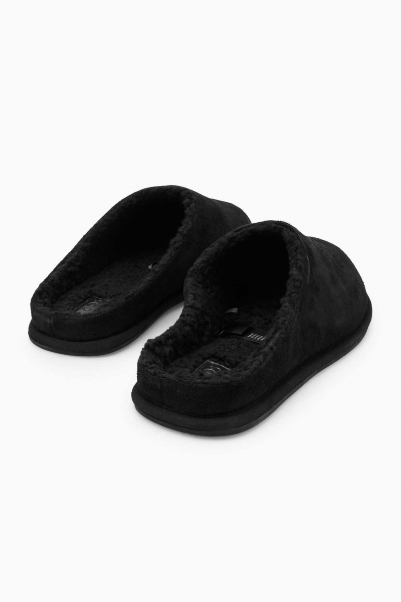 BLACK COS FLEECE-LINED SUEDE SLIPPERS | UBT-279815