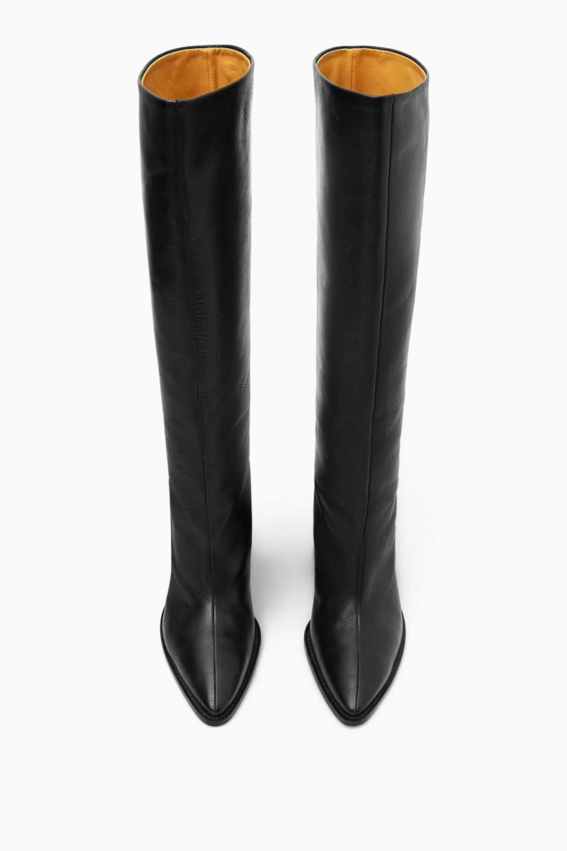 BLACK COS KNEE-HIGH POINTED LEATHER BOOTS | NZH-913428