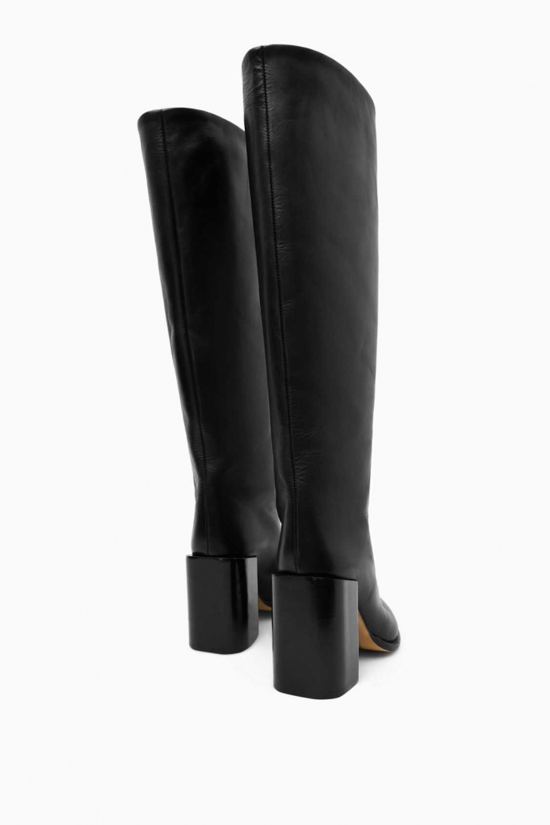 BLACK COS KNEE-HIGH POINTED LEATHER BOOTS | NZH-913428