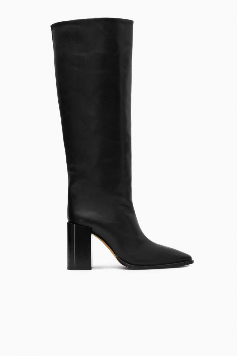 BLACK COS KNEE-HIGH POINTED LEATHER BOOTS | NZH-913428