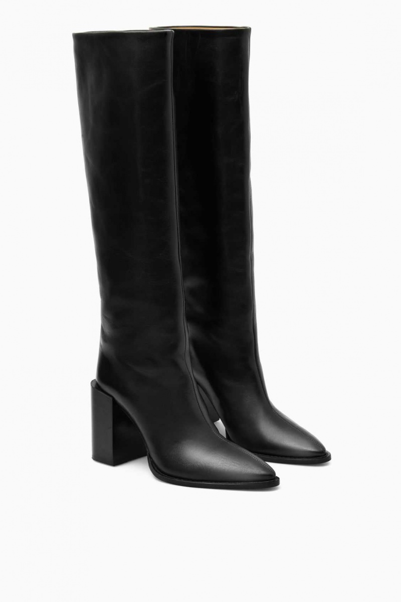 BLACK COS KNEE-HIGH POINTED LEATHER BOOTS | NZH-913428