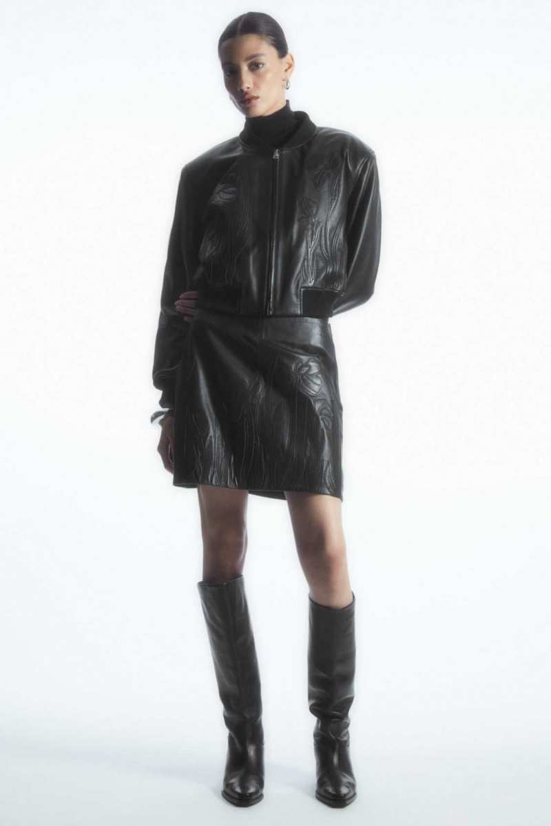 BLACK COS OVERSIZED APPLIQUÉD LEATHER BOMBER JACKET | FAX-196425