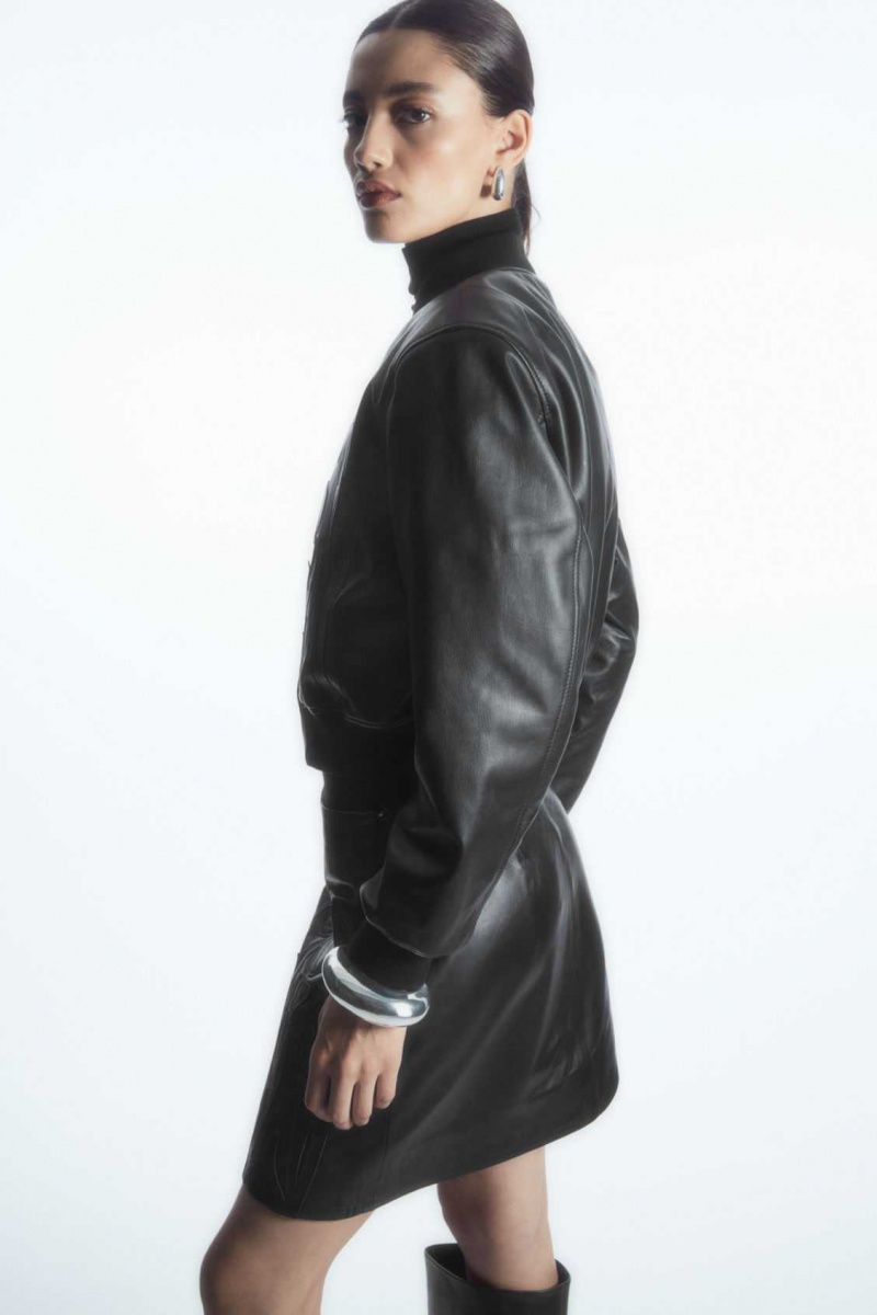 BLACK COS OVERSIZED APPLIQUÉD LEATHER BOMBER JACKET | FAX-196425