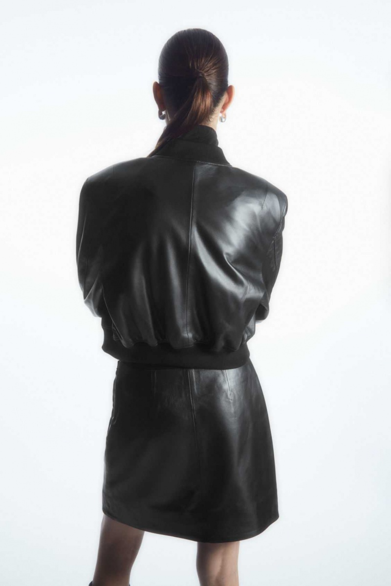 BLACK COS OVERSIZED APPLIQUÉD LEATHER BOMBER JACKET | FAX-196425