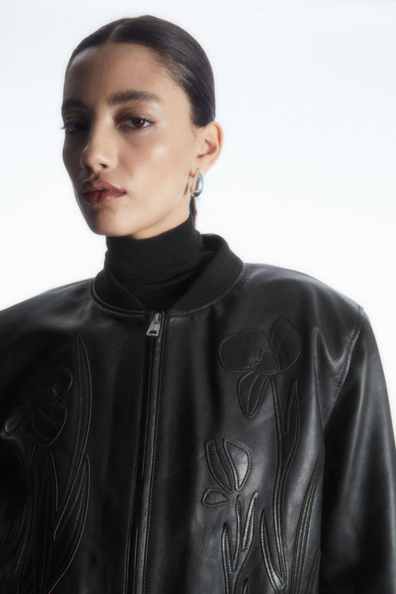 BLACK COS OVERSIZED APPLIQUÉD LEATHER BOMBER JACKET | FAX-196425