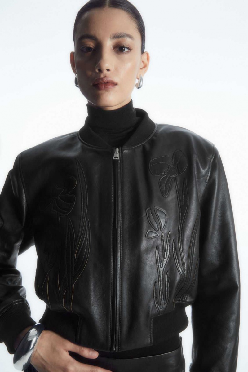 BLACK COS OVERSIZED APPLIQUÉD LEATHER BOMBER JACKET | FAX-196425