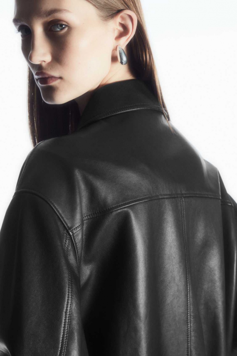 BLACK COS OVERSIZED COLLARED LEATHER JACKET | YBI-625173