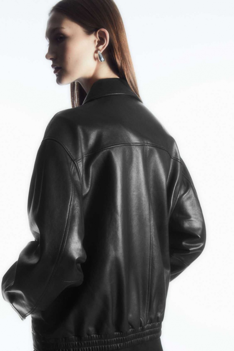 BLACK COS OVERSIZED COLLARED LEATHER JACKET | YBI-625173