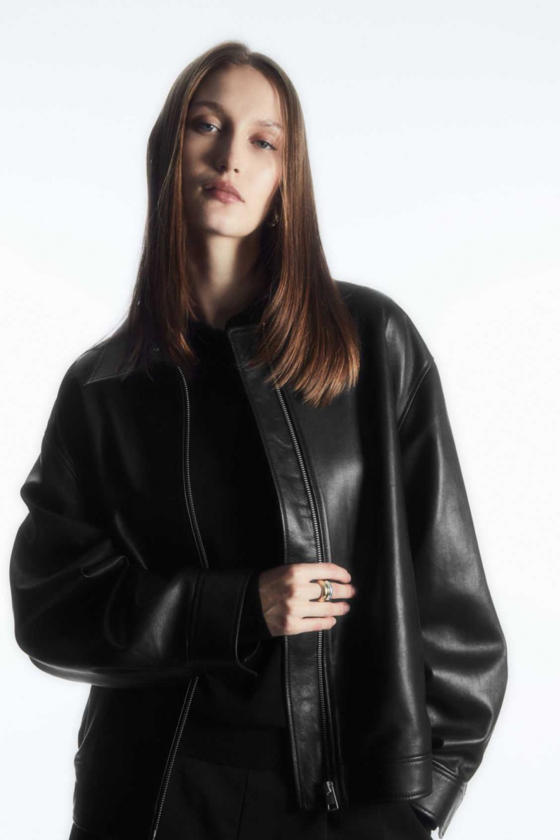 BLACK COS OVERSIZED COLLARED LEATHER JACKET | YBI-625173