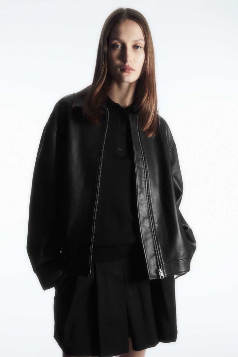 BLACK COS OVERSIZED COLLARED LEATHER JACKET | YBI-625173