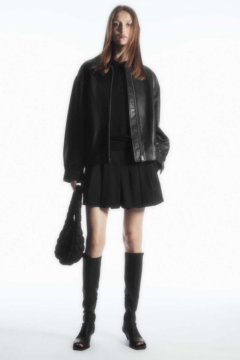 BLACK COS OVERSIZED COLLARED LEATHER JACKET | YBI-625173