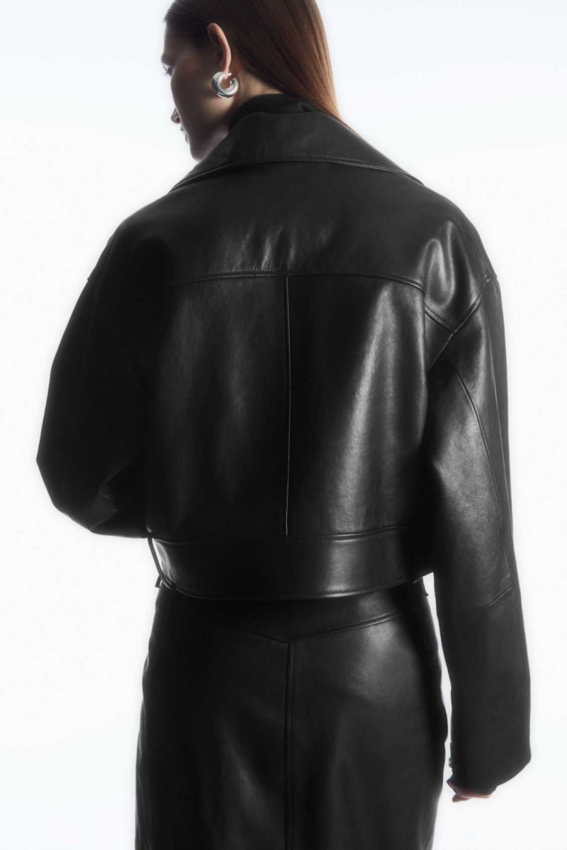 BLACK COS OVERSIZED CROPPED LEATHER BIKER JACKET | PFK-504367