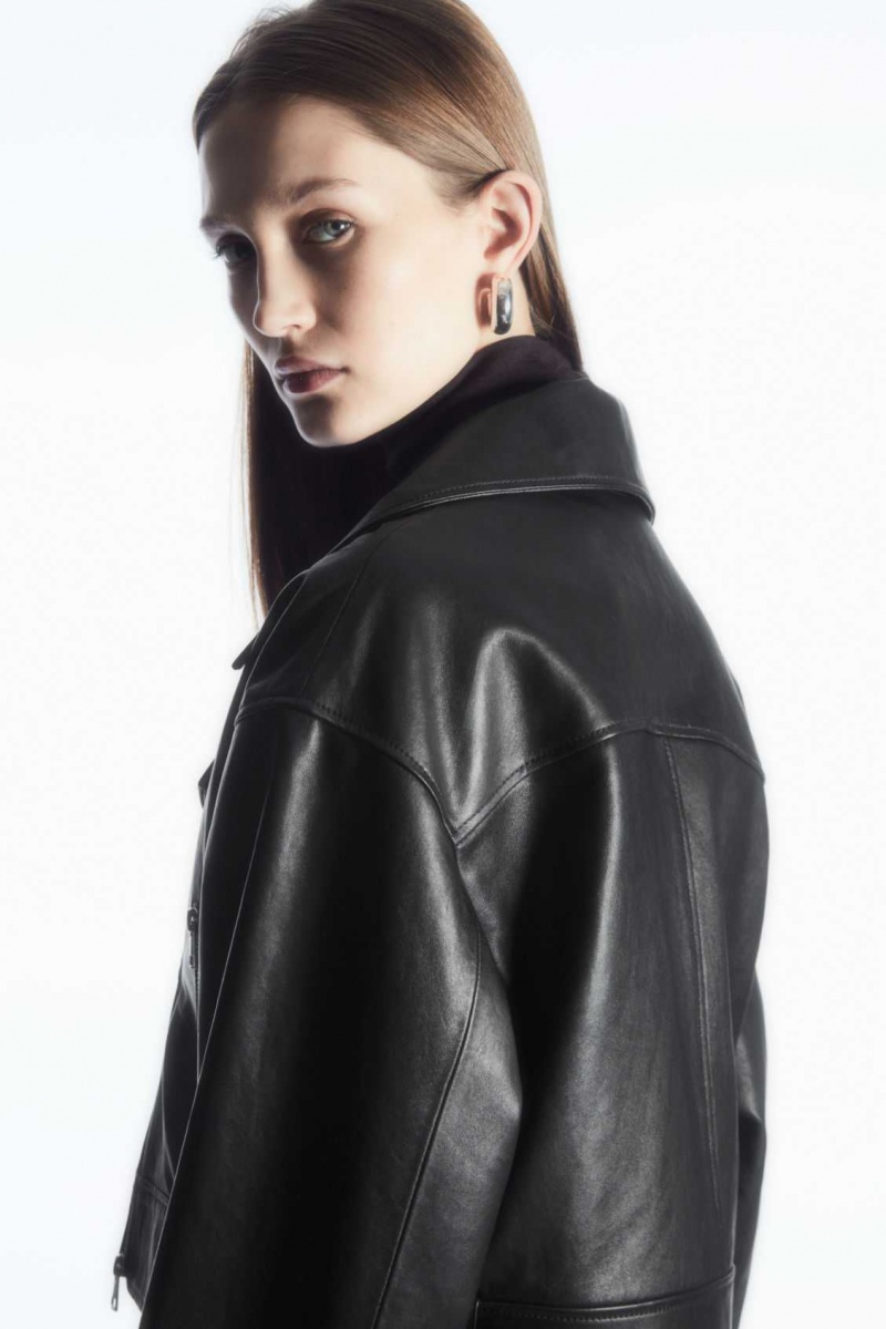 BLACK COS OVERSIZED CROPPED LEATHER BIKER JACKET | PFK-504367