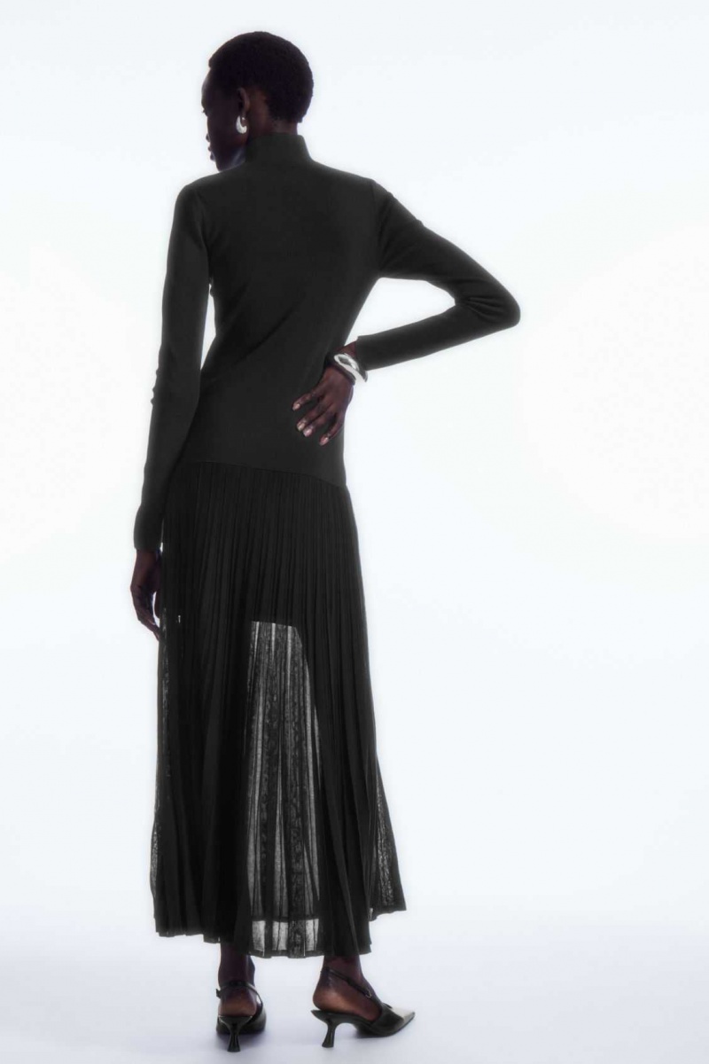 BLACK COS PLEATED KNITTED TURTLENECK MAXI DRESS | CZJ-360952