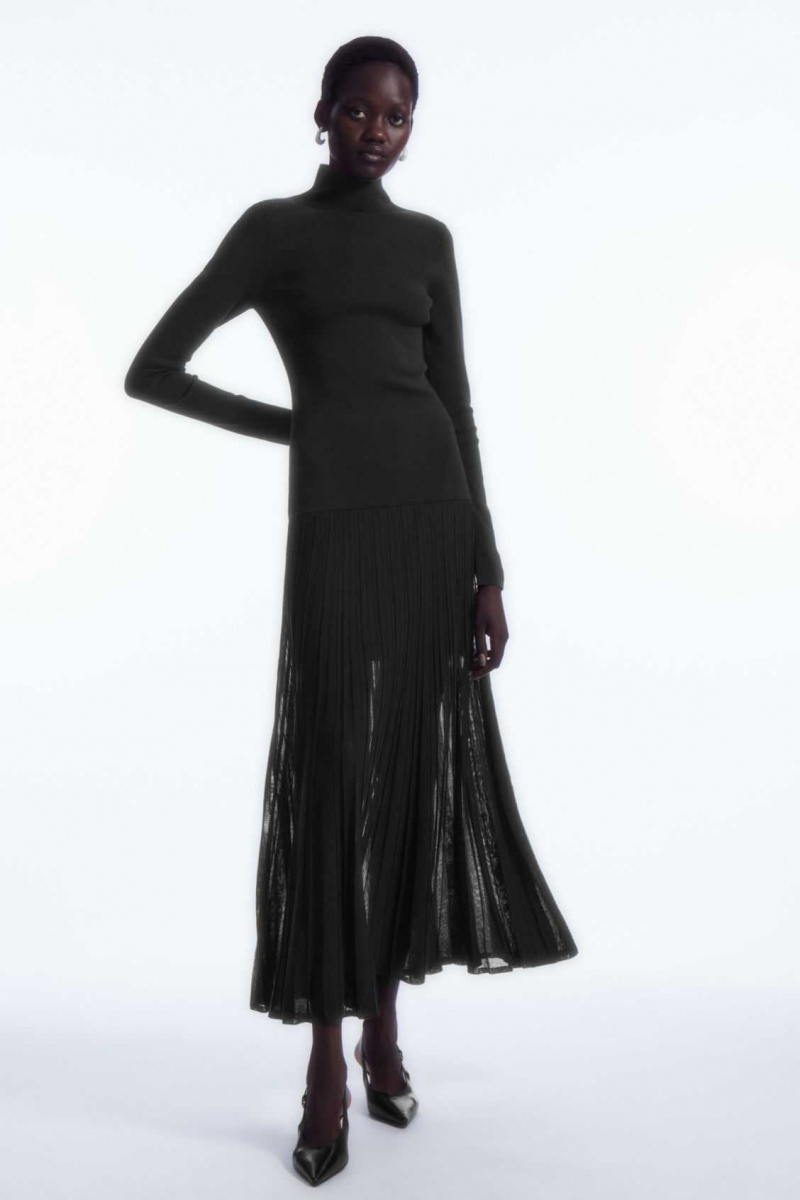 BLACK COS PLEATED KNITTED TURTLENECK MAXI DRESS | CZJ-360952