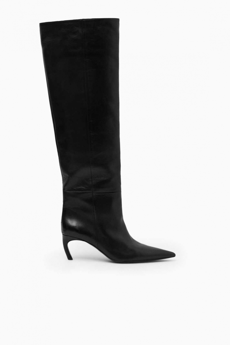 BLACK COS POINTED-TOE LEATHER KNEE-HIGH BOOTS | QMH-086974