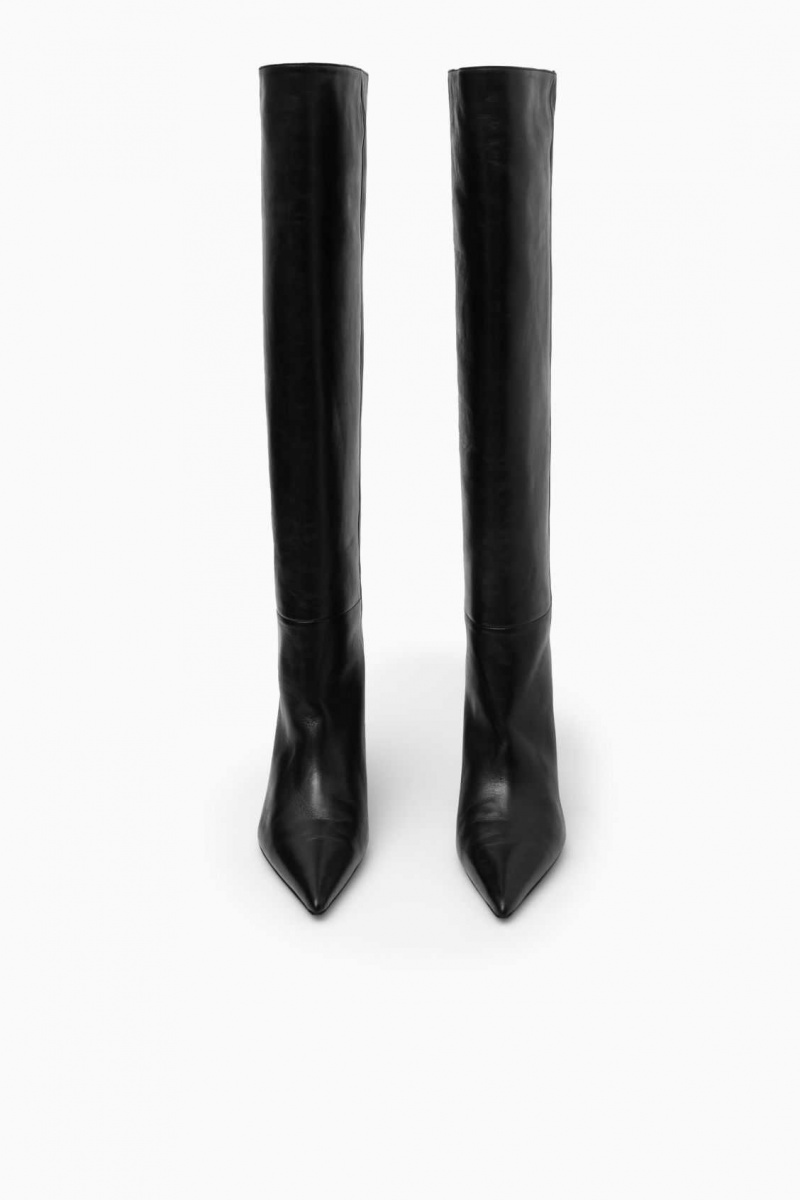 BLACK COS POINTED-TOE LEATHER KNEE-HIGH BOOTS | XYB-234870