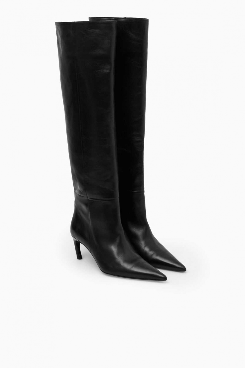 BLACK COS POINTED-TOE LEATHER KNEE-HIGH BOOTS | XYB-234870