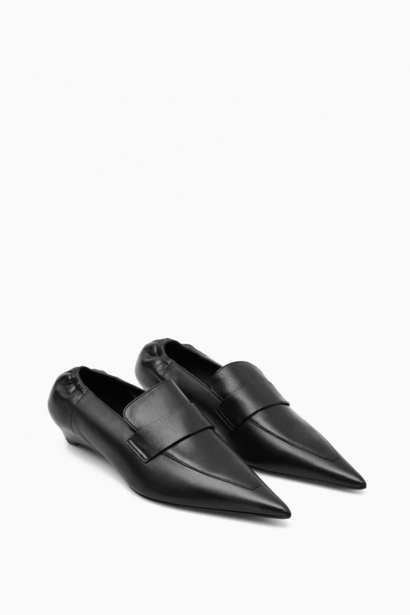 BLACK COS POINTED LEATHER KITTEN-HEEL LOAFERS | QYX-972083