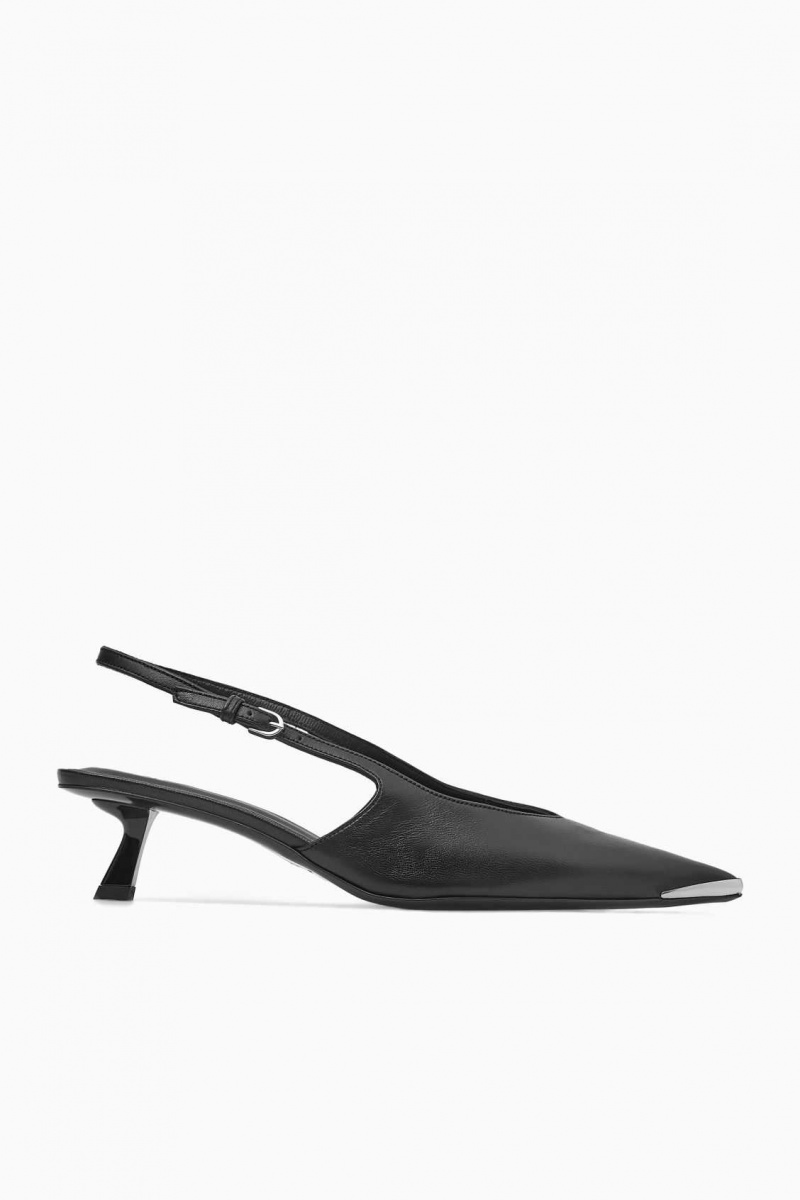 BLACK COS POINTED SLINGBACK KITTEN HEELS | SMC-074351