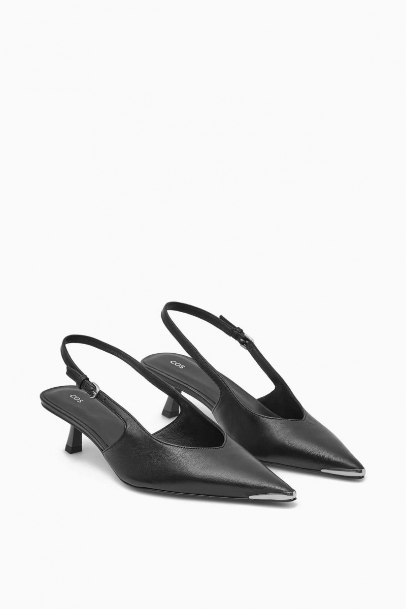 BLACK COS POINTED SLINGBACK KITTEN HEELS | SMC-074351