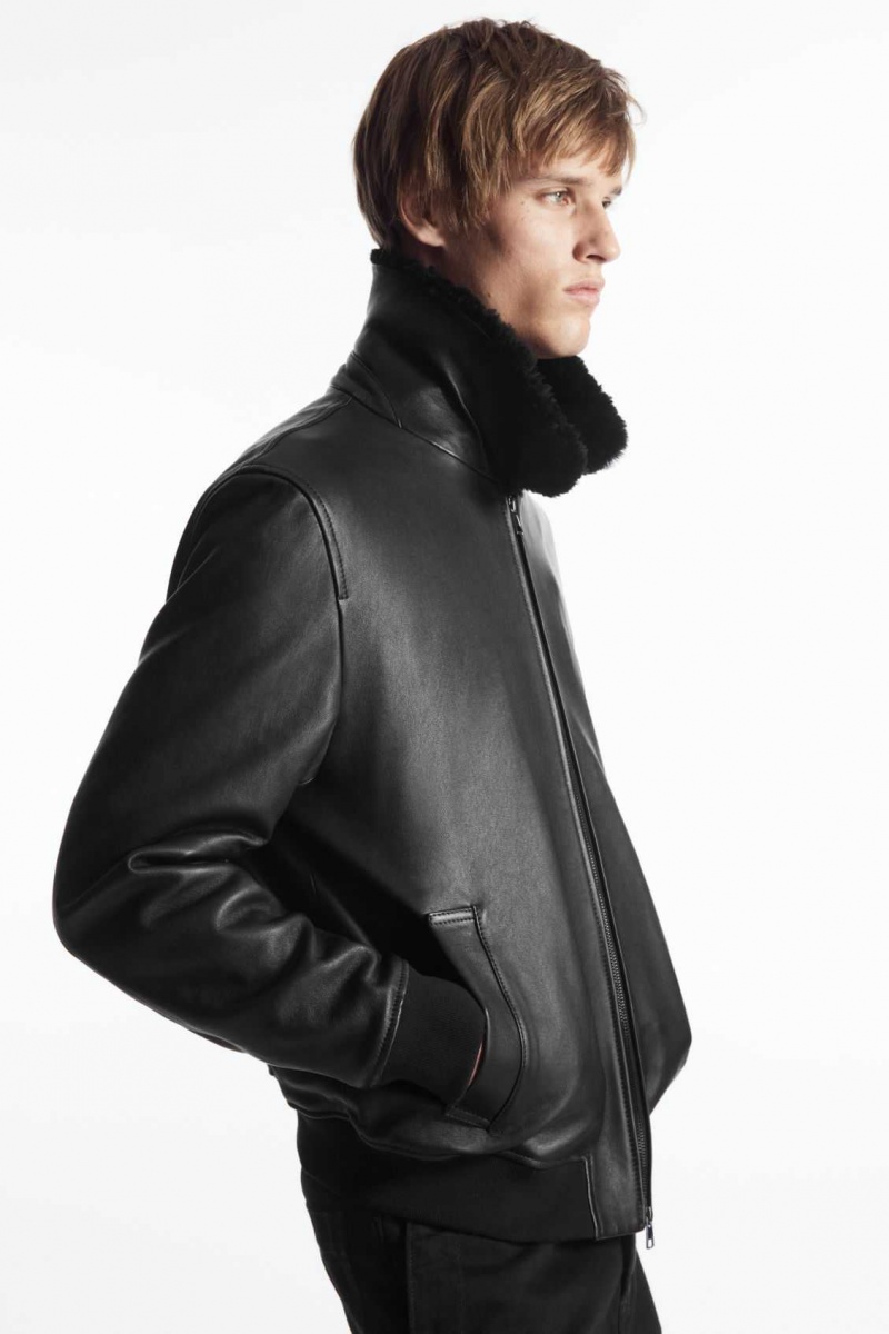 BLACK COS SHEARLING-TRIMMED LEATHER BOMBER JACKET | WCU-945386