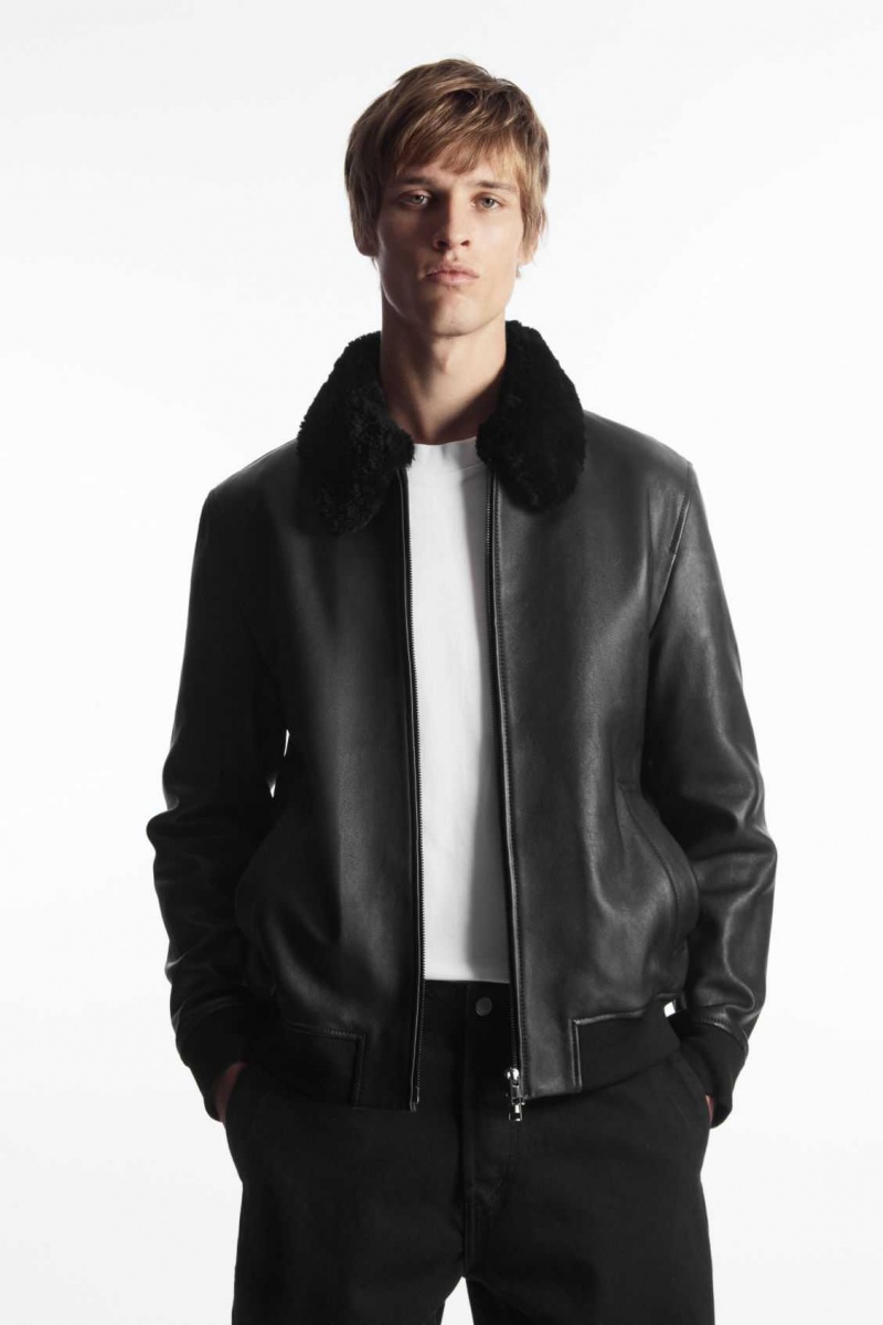 BLACK COS SHEARLING-TRIMMED LEATHER BOMBER JACKET | WCU-945386