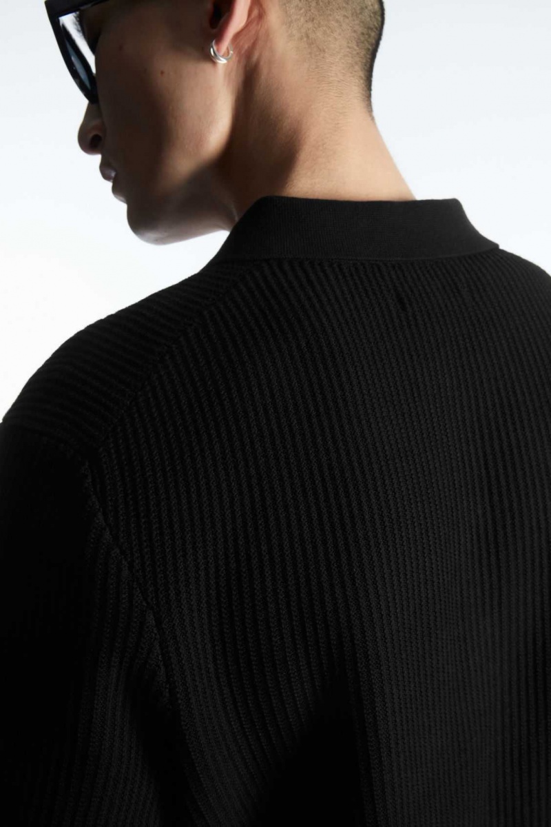 BLACK COS TEXTURED KNITTED POLO SHIRT | KBW-365147