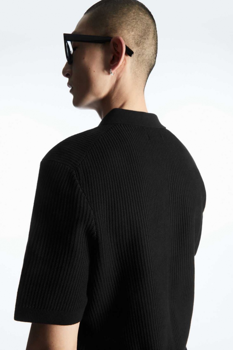 BLACK COS TEXTURED KNITTED POLO SHIRT | KBW-365147