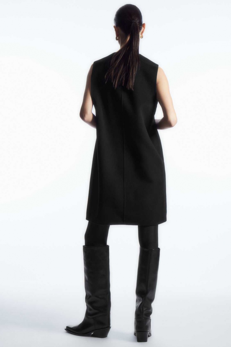 BLACK COS V-NECK DOUBLE-FACED WOOL DRESS | RIB-027583