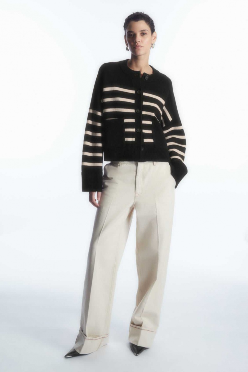 BLACK / STRIPED COS WOOL CREW-NECK CARDIGAN | NVO-710283