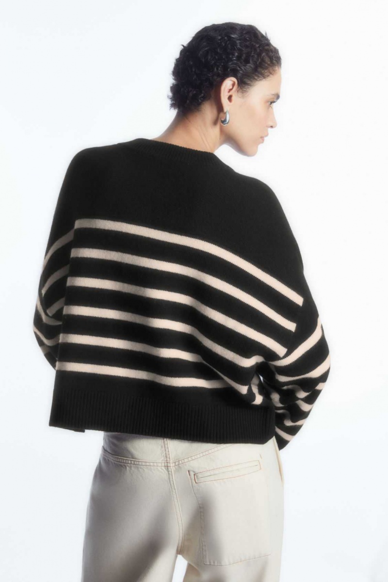 BLACK / STRIPED COS WOOL CREW-NECK CARDIGAN | NVO-710283