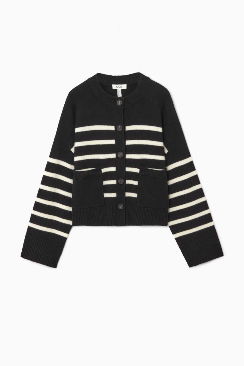 BLACK / STRIPED COS WOOL CREW-NECK CARDIGAN | NVO-710283