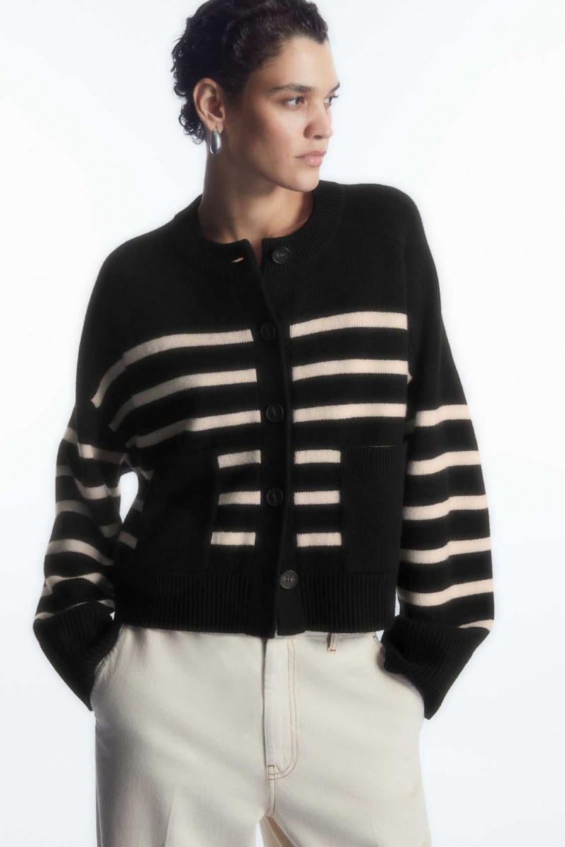 BLACK / STRIPED COS WOOL CREW-NECK CARDIGAN | NVO-710283