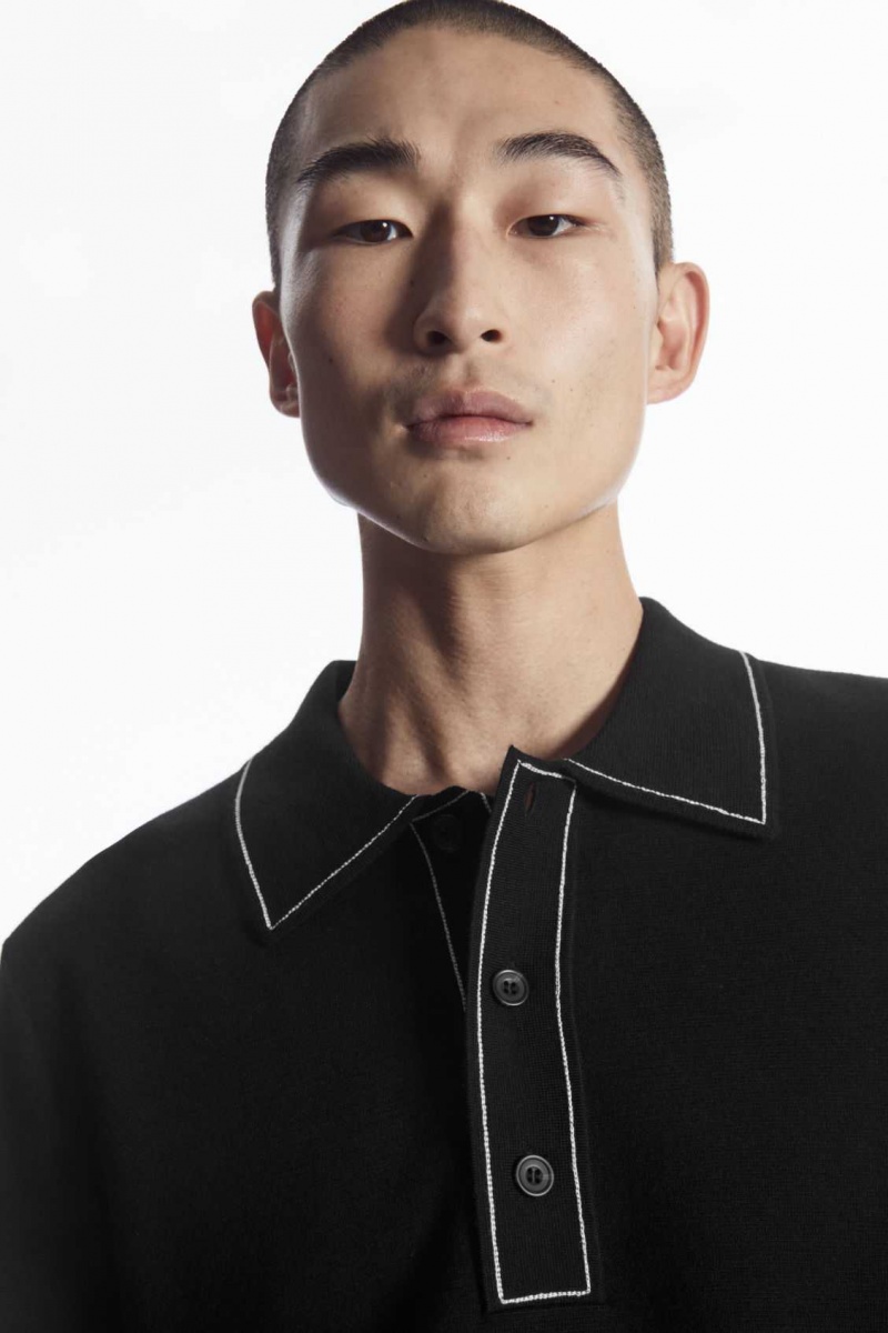 BLACK / WHITE COS CONTRAST-STITCH WOOL POLO SHIRT | PKR-014926