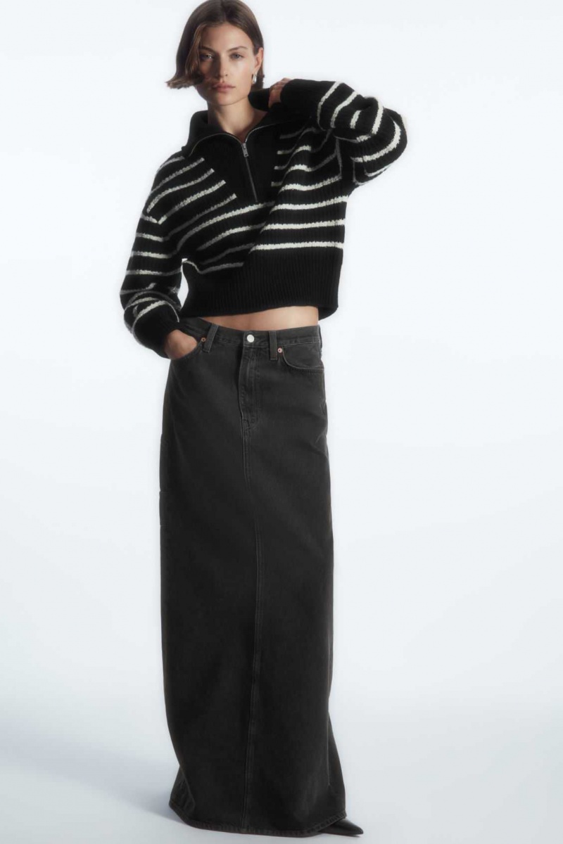 BLACK / WHITE / STRIPED COS HALF-ZIP FUNNEL-NECK WOOL SWEATER | GNZ-906175