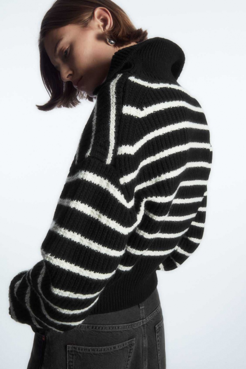 BLACK / WHITE / STRIPED COS HALF-ZIP FUNNEL-NECK WOOL SWEATER | GNZ-906175